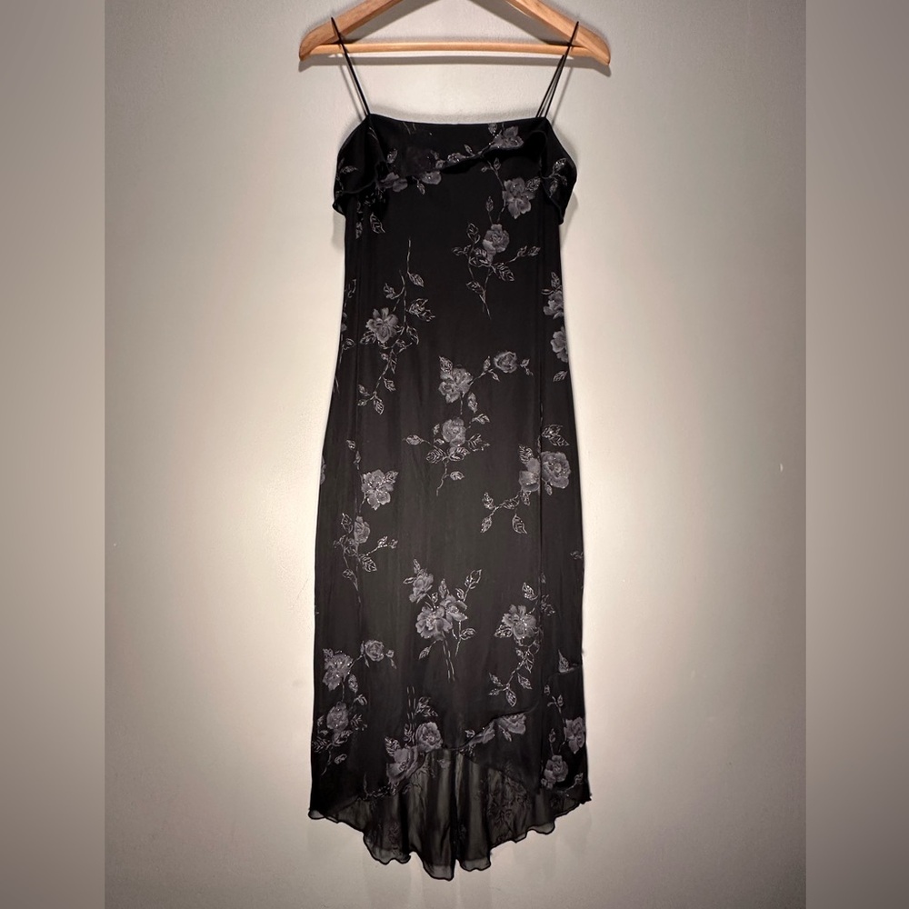 Vintage Byer Too! Spaghetti Strap Black Gray Silver Floral Midi Made in the USA